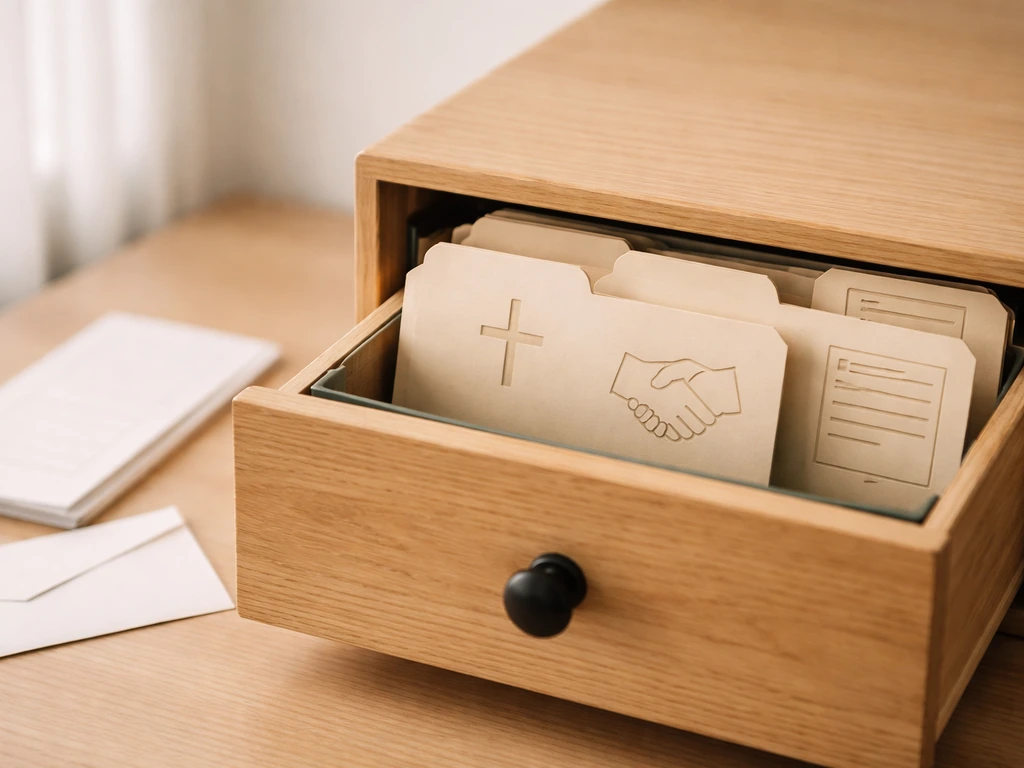 Open file drawer with blank 990-style form silhouette and generic church/nonprofit folder icons.