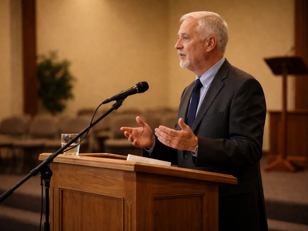 Pastor speaking at a church pulpit during a small event, microphone and warm sanctuary lights.