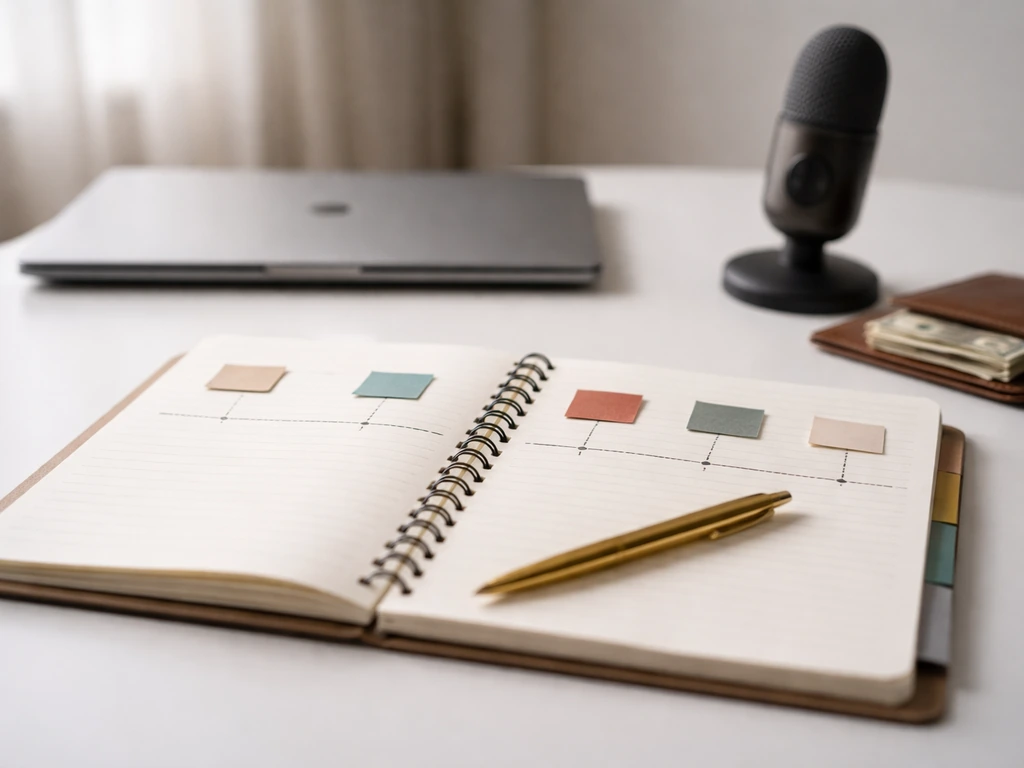 Minimal desk scene with open notebook, blank timeline tabs, pen, and media/finance items, no people or text.
