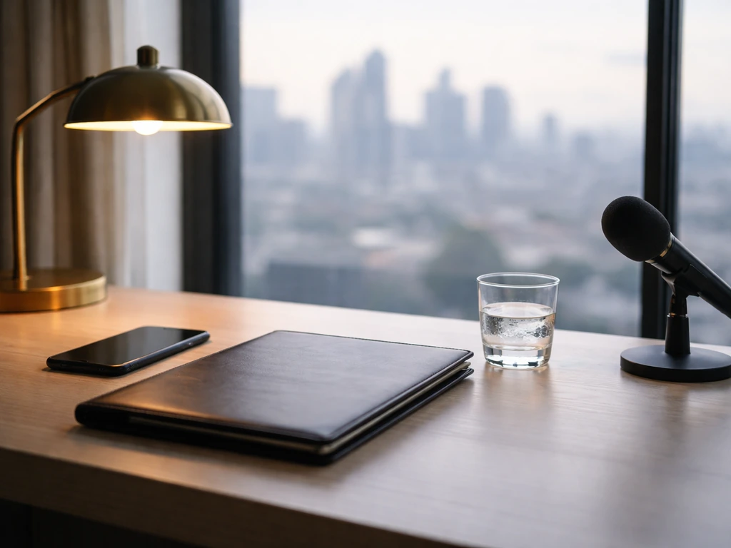 Minimal office desk setup with portfolio, microphone, and city skyline symbolizing net-worth analysis