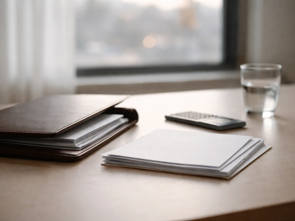 Minimal desk scene with folders and a small stack of documents suggesting financial estimate inputs