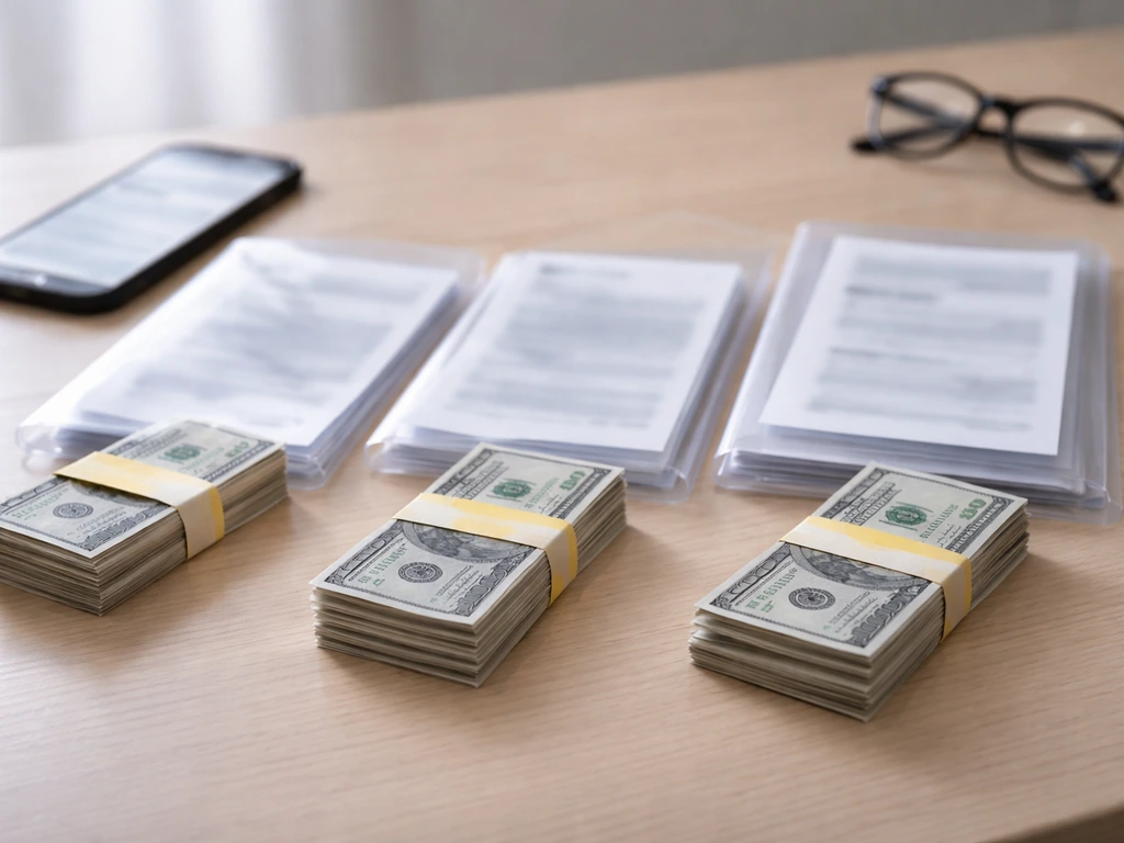 Desk scene with blurred phone and three cash-and-folder groupings suggesting conflicting financial figures