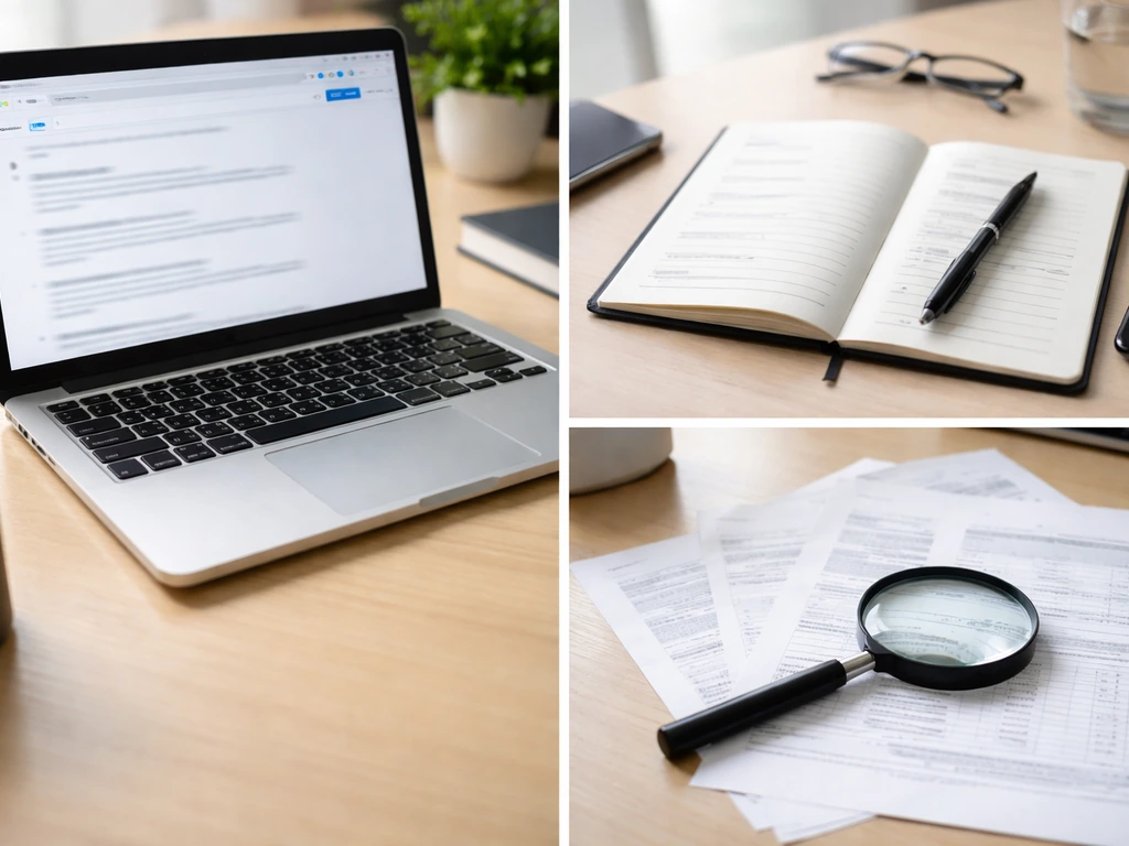 Minimal desk scene with laptop showing generic search results and paper documents for personal estimate verification.
