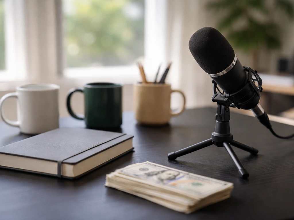 Minimal studio desk scene with a microphone and cash-like props, symbolic of media business net worth context.