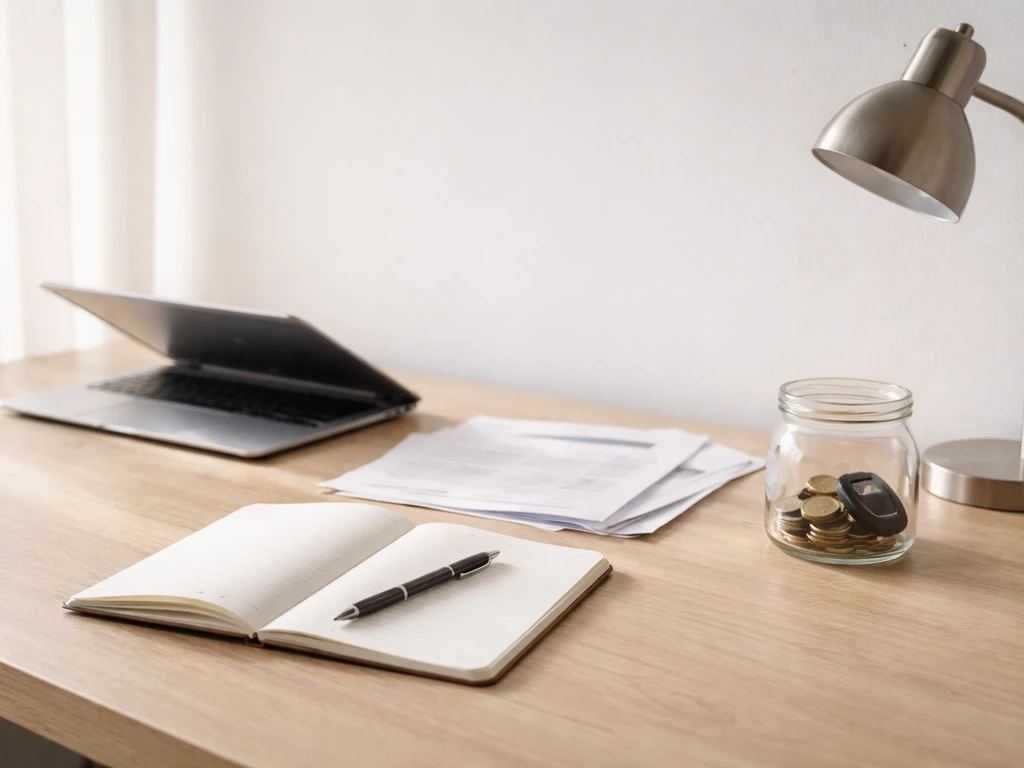 Minimal desk scene with a laptop and scattered documents, symbolizing layered net worth estimation inputs.