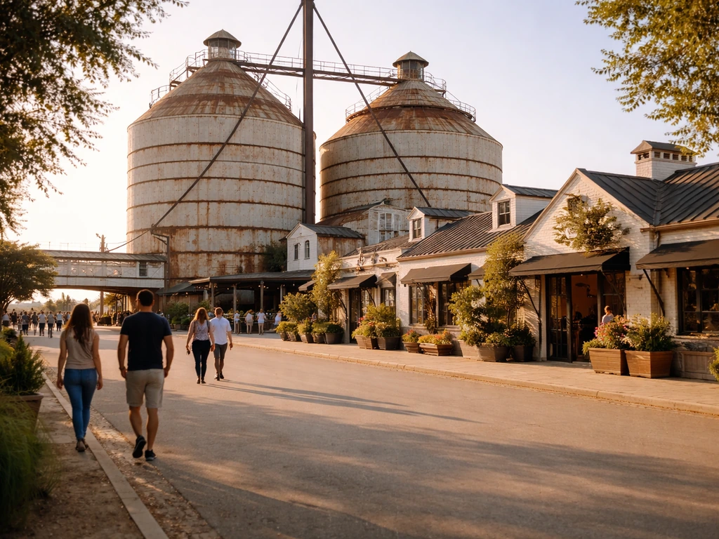 View of Magnolia Market at the Silos in Waco, Texas with rustic buildings and outdoor storefront bustle