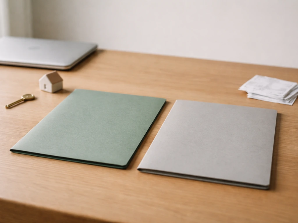Minimal desk scene with separate folders and small key/house items suggesting assets versus liabilities.