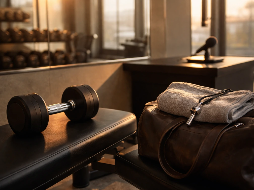 Upscale gym scene with dumbbell, coaching items, and a microphone suggesting bodybuilding coaching and media analysis.