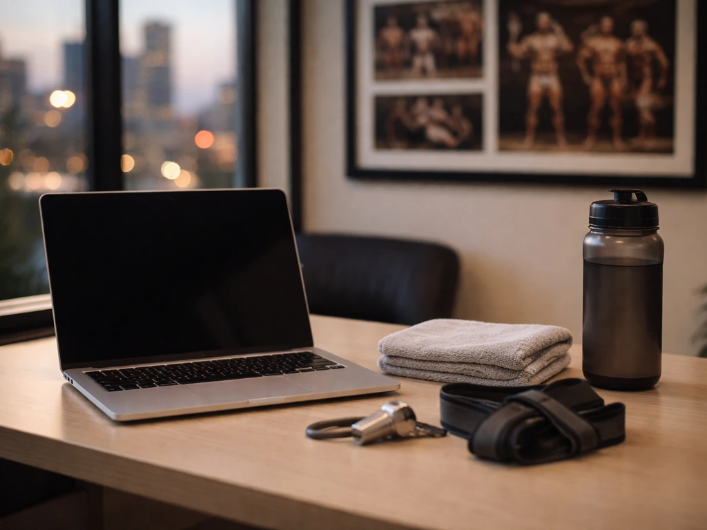 Minimal office desk setup with gym coaching items and a blurred LA city window view.