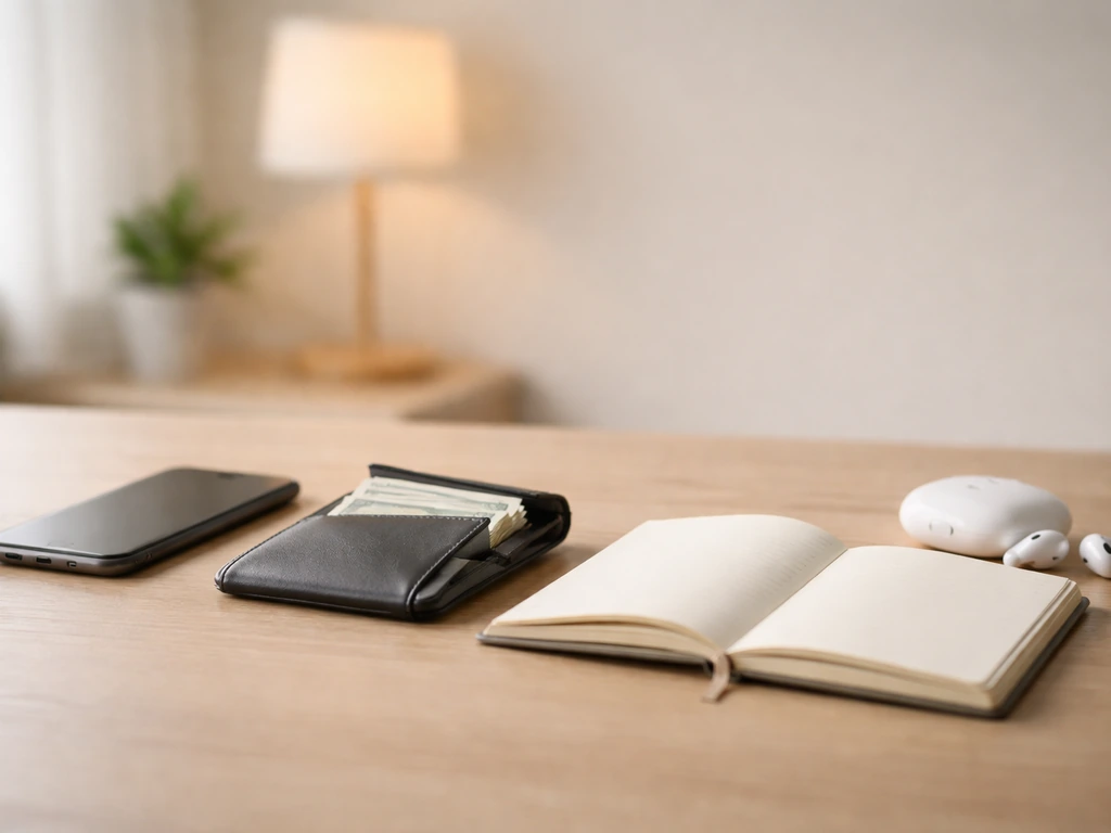 Minimal desk scene with a smartphone, wallet, and planner beside a small stack of cash-like bills