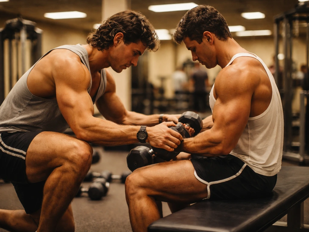 Anonymous personal trainer adjusting a client’s hand position in a LA-style gym, 1980s-inspired atmosphere