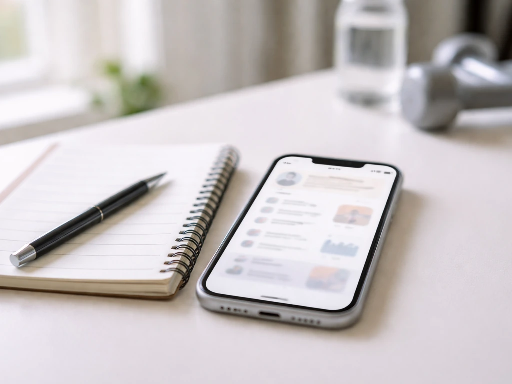 iPhone displaying a generic coaching app next to a fitness notebook and pen on a clean desk