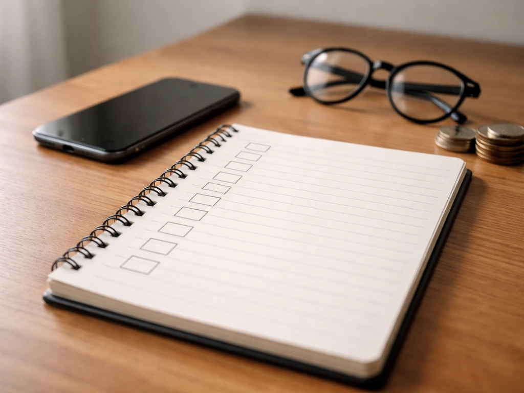 Minimal desk scene with a checklist notepad, smartphone, and coin-like object for identifying the right person