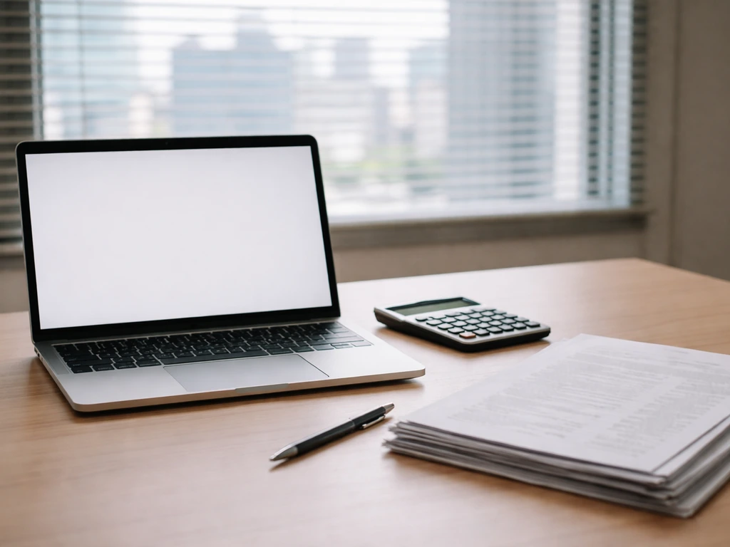 Minimal office desk with laptop, calculator, and scattered financial documents for estimating net worth range