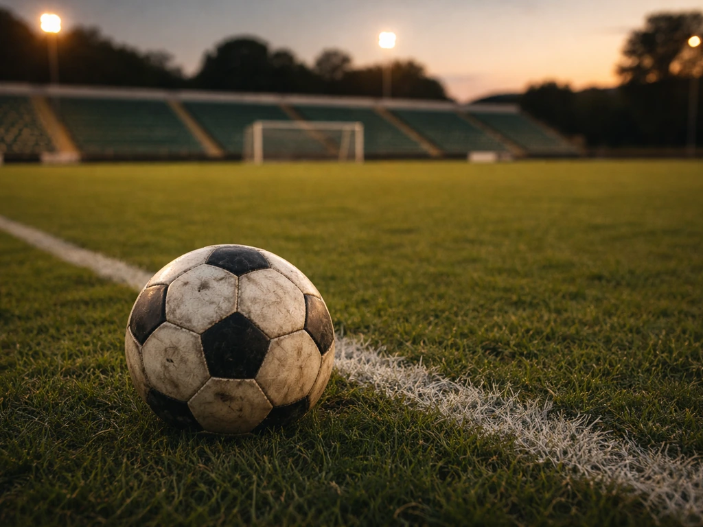 Soccer ball on grass near an empty training ground at dusk, symbolic of a football career.