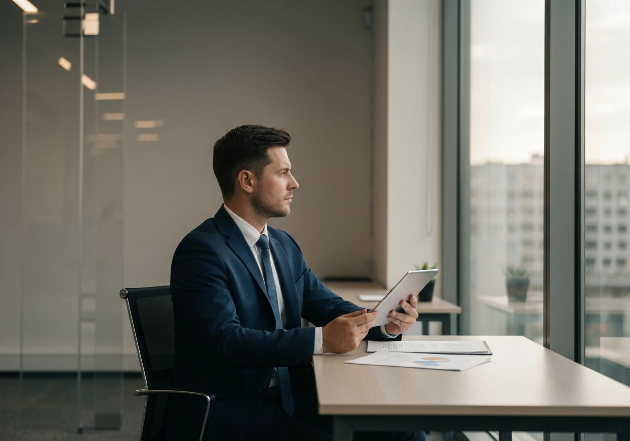 Anonymous corporate executive in a quiet finance office holding a tablet near a window at dusk