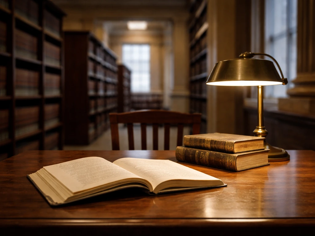 Sunlit law library with books, an open case file, and a modest desk lamp symbolizing civil justice