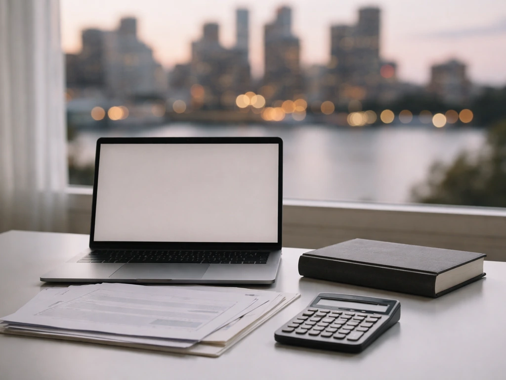 Minimal photo of a neatly arranged finance book, calculator, and open laptop beside a blurred city skyline at dusk.