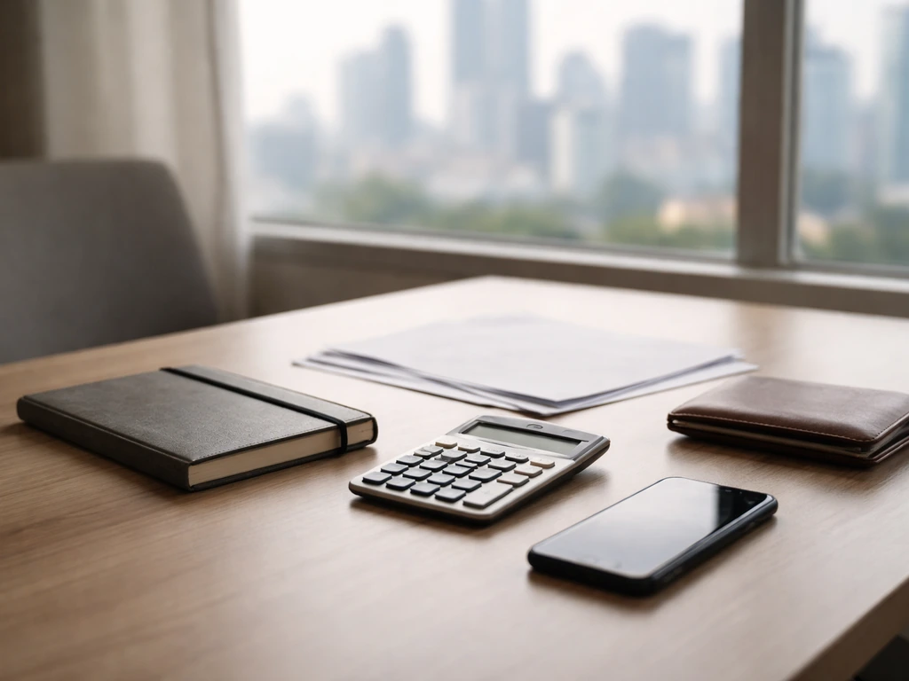 Minimal photo of a desk with scattered documents, a calculator, and a blurred city skyline symbolizing net worth estimat