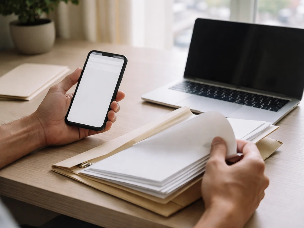 Hands on a desk flipping through blank estate/probate documents beside a phone for document lookup.