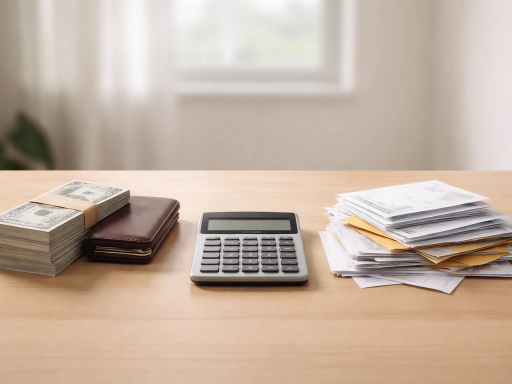Minimal photo of a desk with a wallet and separated money and bills representing assets vs liabilities.