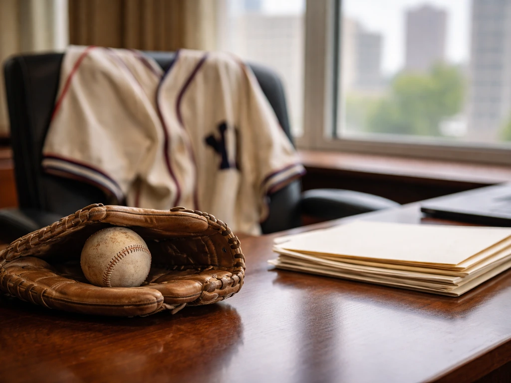 Baseball glove on an office desk with a draped jersey and soft city light, evoking MLB earnings and career income.