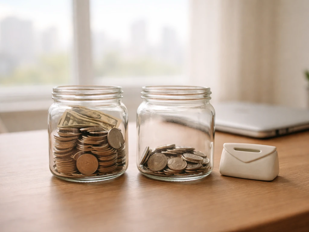 Minimal desk scene with two coin-filled jars side-by-side, suggesting a net-worth shift over time.