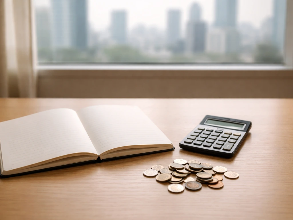 Sunlit office desk with an open notebook, a calculator, and scattered coins symbolizing net worth comparisons.