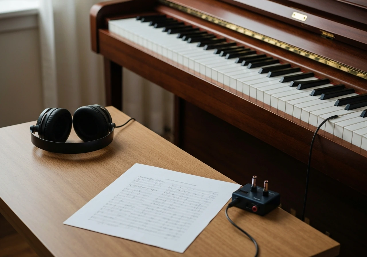 Music composition workspace with piano, blank manuscript paper, and studio headphones in natural light.