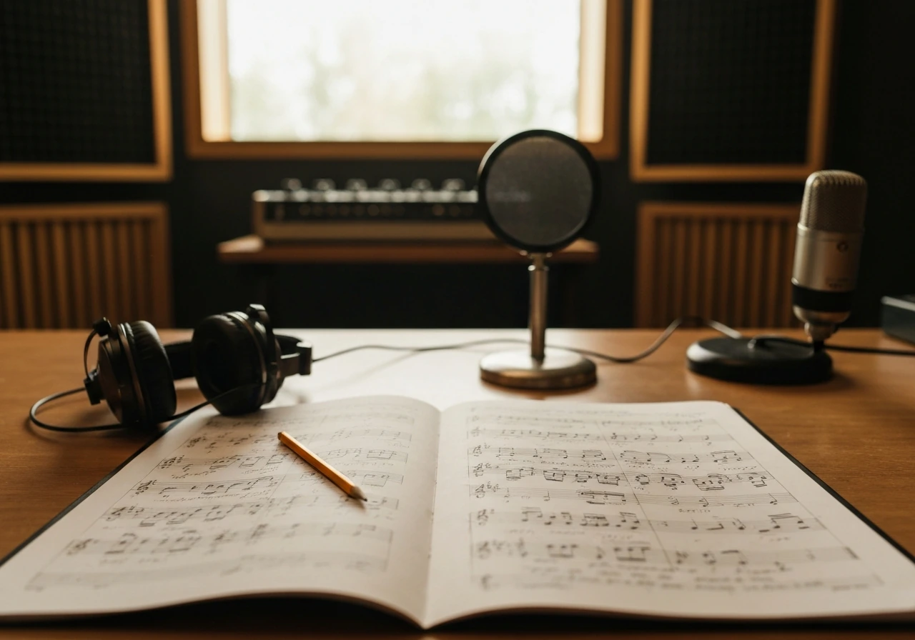 Vintage recording studio with an open arrangement manuscript and a microphone on a desk
