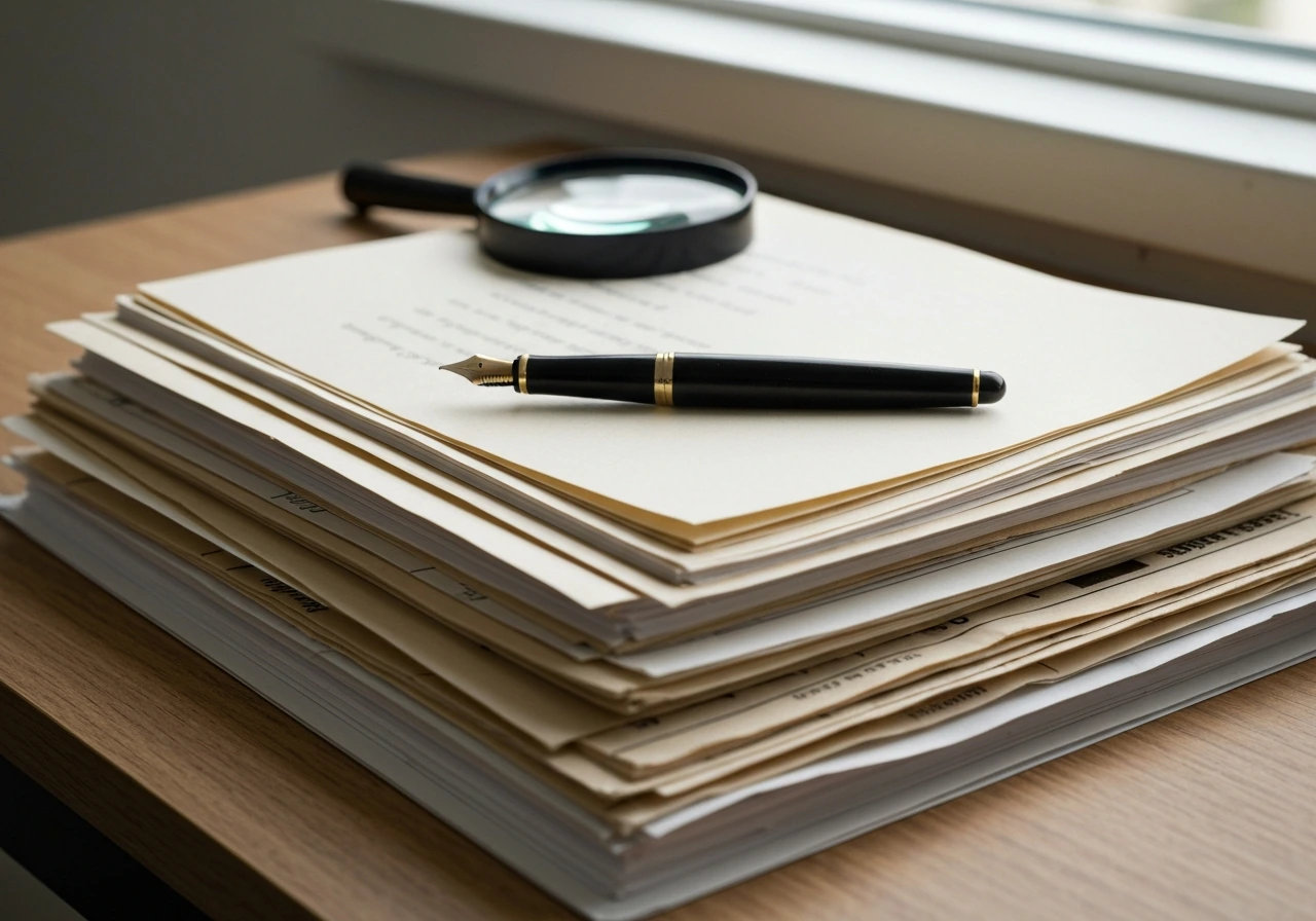Layered stack of courthouse and media documents on a desk with a pen and magnifying glass