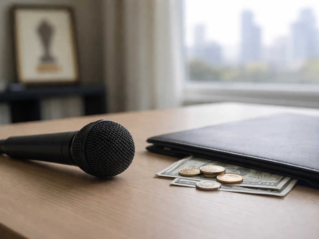 Minimal studio desk with microphone and scattered cash-like props symbolizing net worth estimates