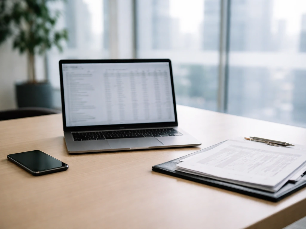 Modern office finance setting with laptop and smartphone beside a subtle equity-themed atmosphere