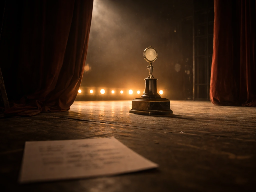 Backstage theater scene with warm lights and a blank brass trophy pedestal, no people, no text.