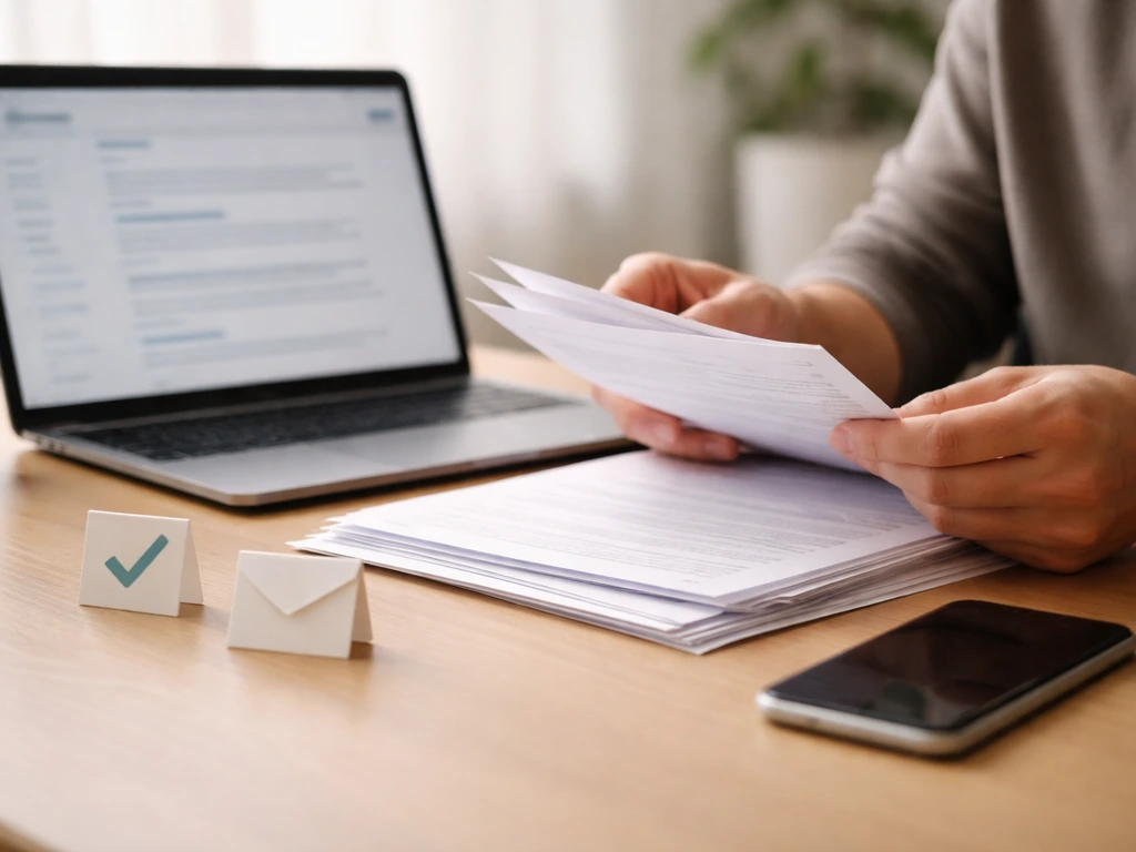Minimal photo of a desk setup with a laptop, smartphone, and documents showing verification steps for financial estimate