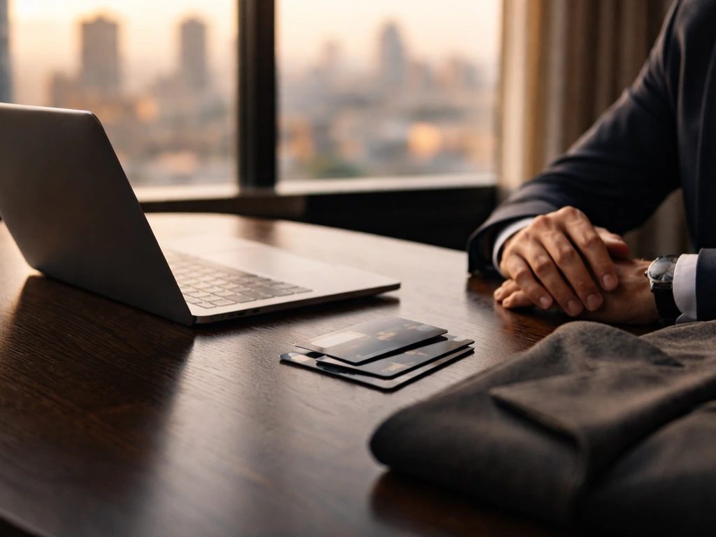 Minimal office scene symbolizing business wealth analysis: open laptop, credit cards, and a blurred city view.