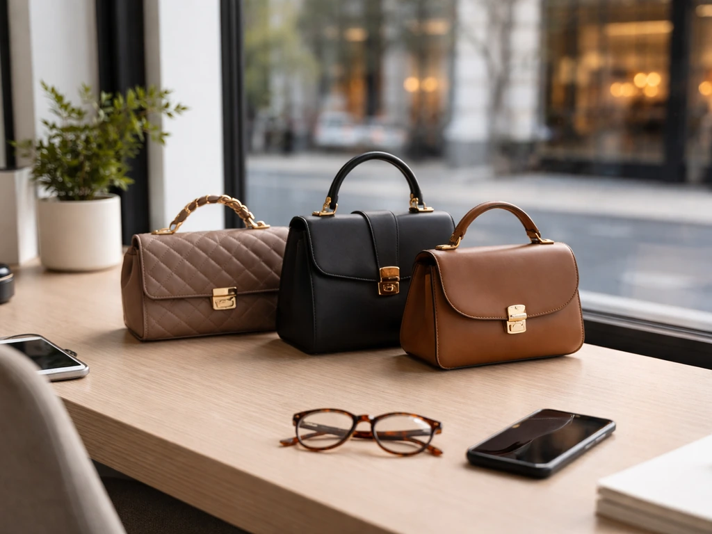 Close view of upscale resale handbags on a desk in a bright New York office setting, no people.