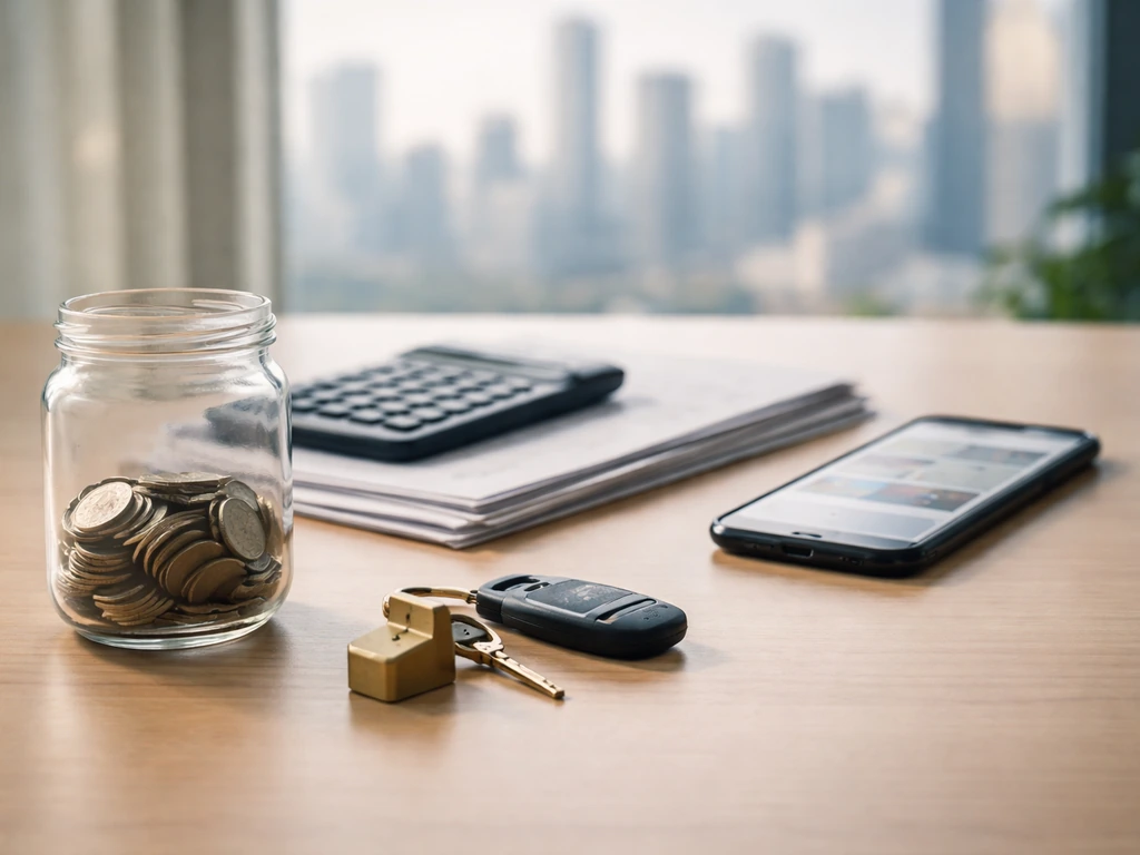 Office desk with coins jar, calculator, documents, and blurred phone suggesting building net worth estimates.
