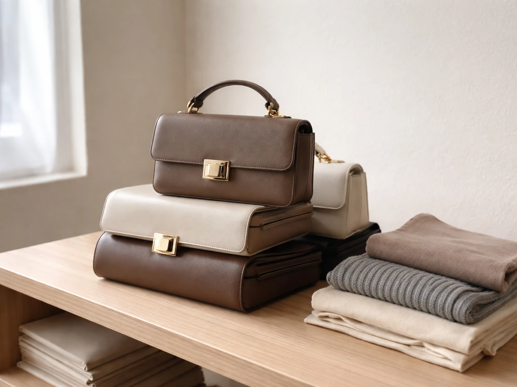 Close-up of luxury handbags and a few stacked accessory boxes on a clean resale counter