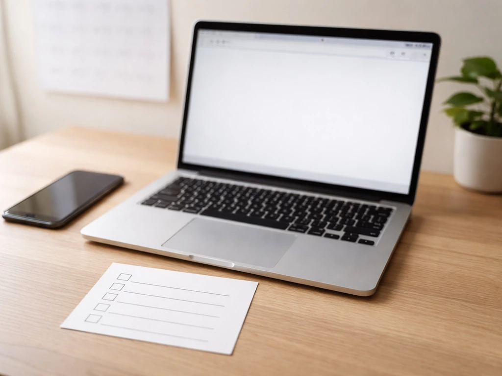 Minimal desk setup with laptop and checklist card suggesting how to check updates.