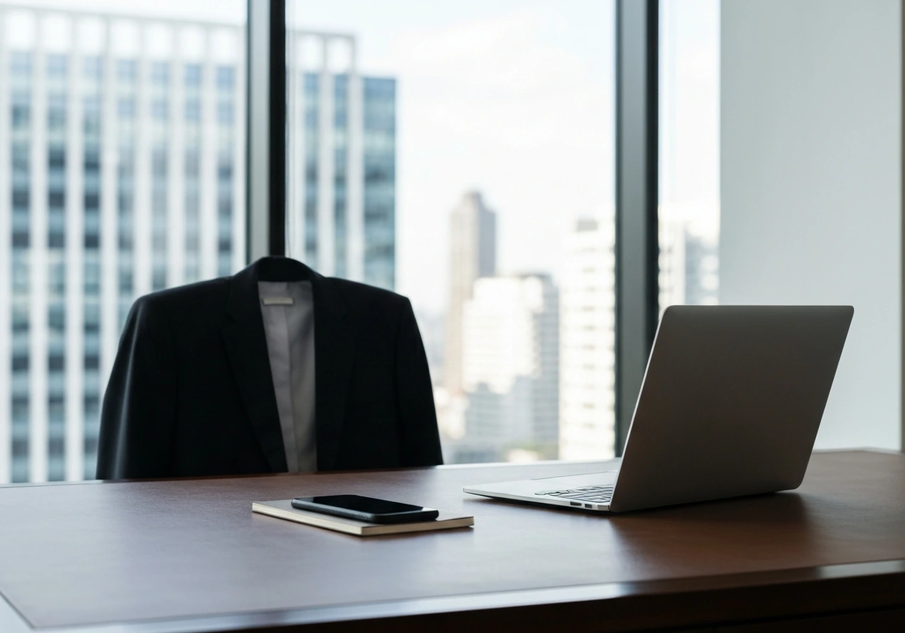 Minimal office scene with an open laptop, suit jacket, and a blurred city view symbolizing business identity analysis.