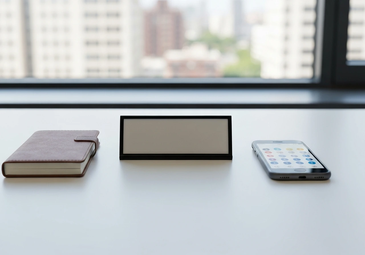 Minimal desk scene with generic unlabeled items suggesting distinguishing between similar names.