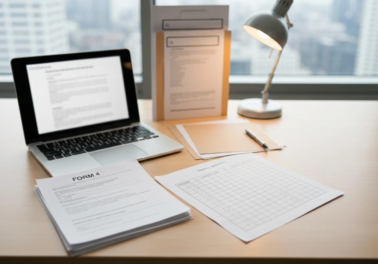Hands-only desk workflow with blurred filing mockups and blank spreadsheet-style sheets.