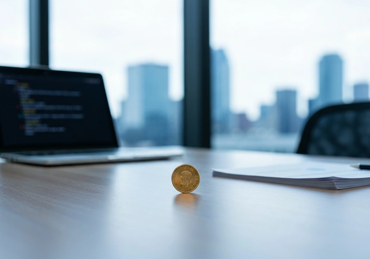 Minimal photo of a Microsoft-like tech office desk with a glossy token coin and blurred city skyline