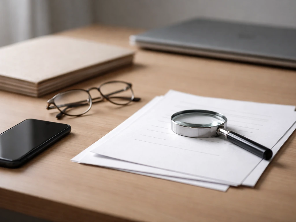 Magnifying glass over papers beside a phone and glasses on a simple desk, suggesting document verification.