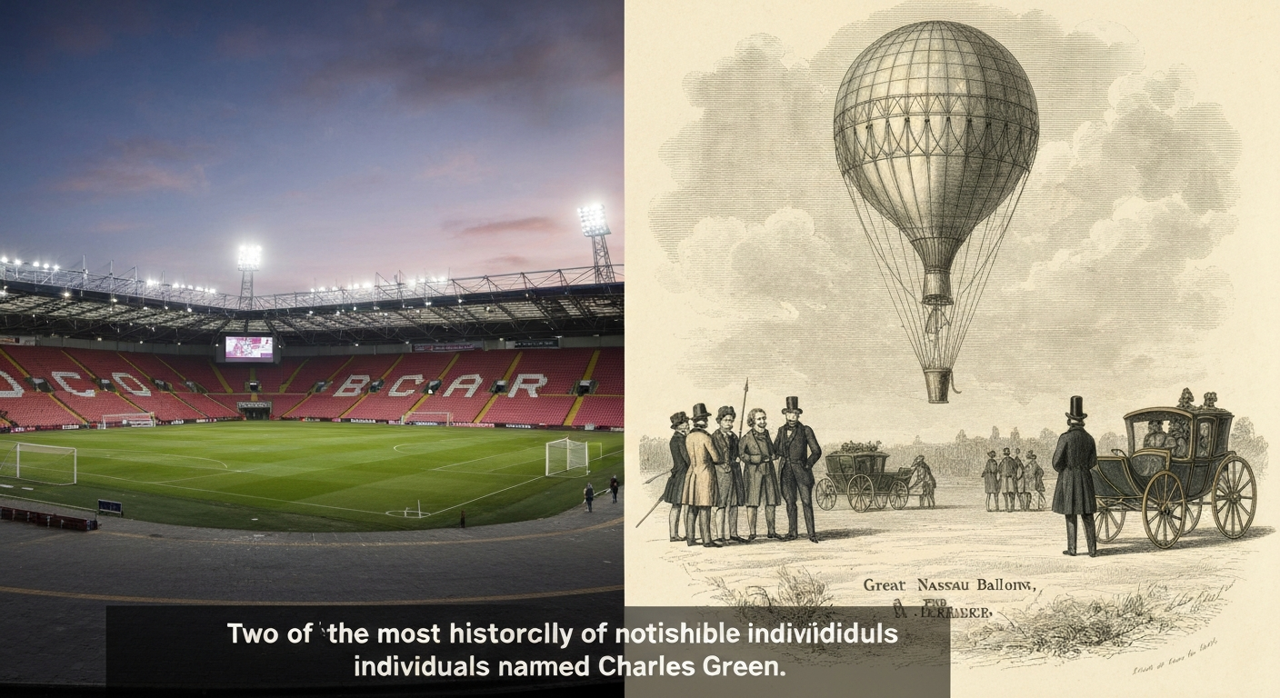 Composite image: left, a dusk view of a football stadium exterior; right, a 19th‑century engraving of a gas balloon ascent with spectators, caption below noting two notable individuals named Charles Green.