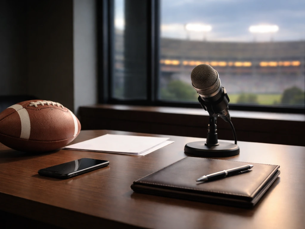 NFL-themed business scene with a desk, notebook, and microphone symbolizing net worth research and verification.