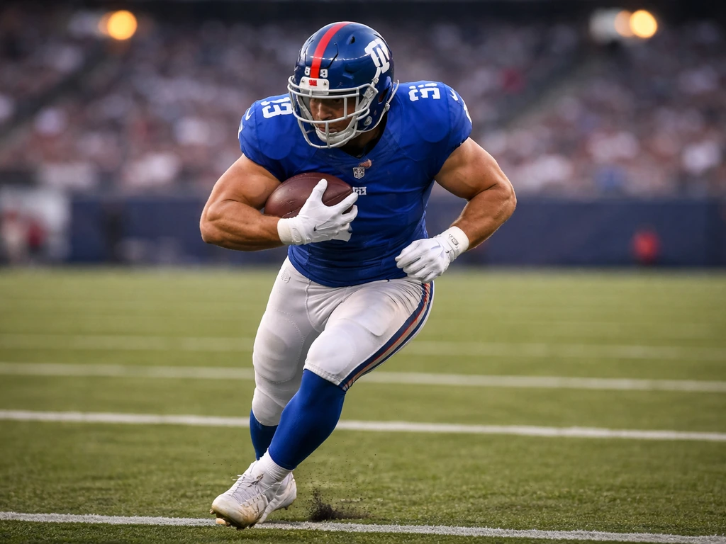 Anonymous fullback in a Giants-style uniform carrying the ball on a football field.