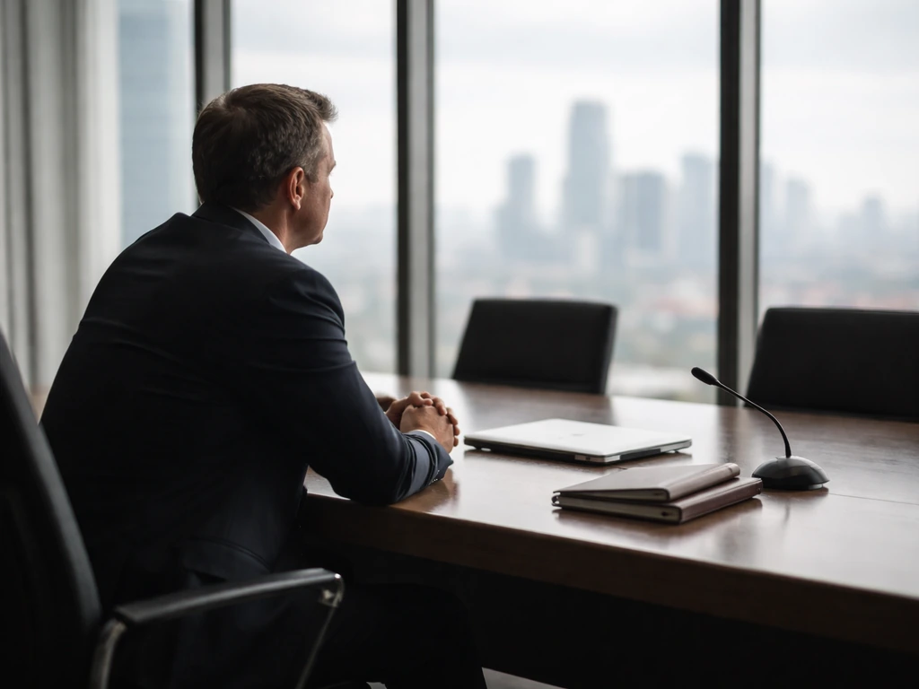 Anonymous director in a modern boardroom with a microphone and city view through windows.