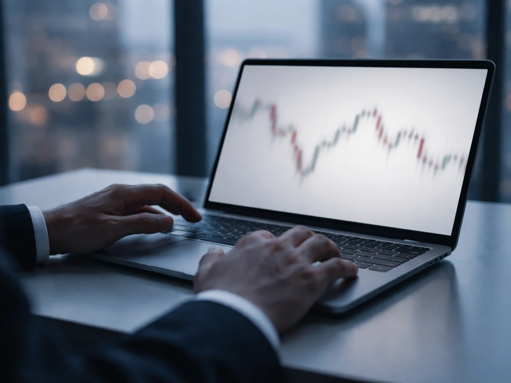 Laptop on a desk showing blurred market candles, with hands hovering—an uncertain stock-volatility mood.